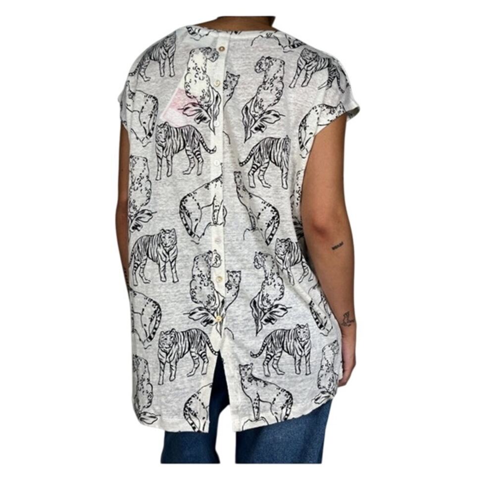 Linen Safari Cat Print Button Back Tank Top Women’s Medium Art Graphic Whimsical - Picture 10 of 10